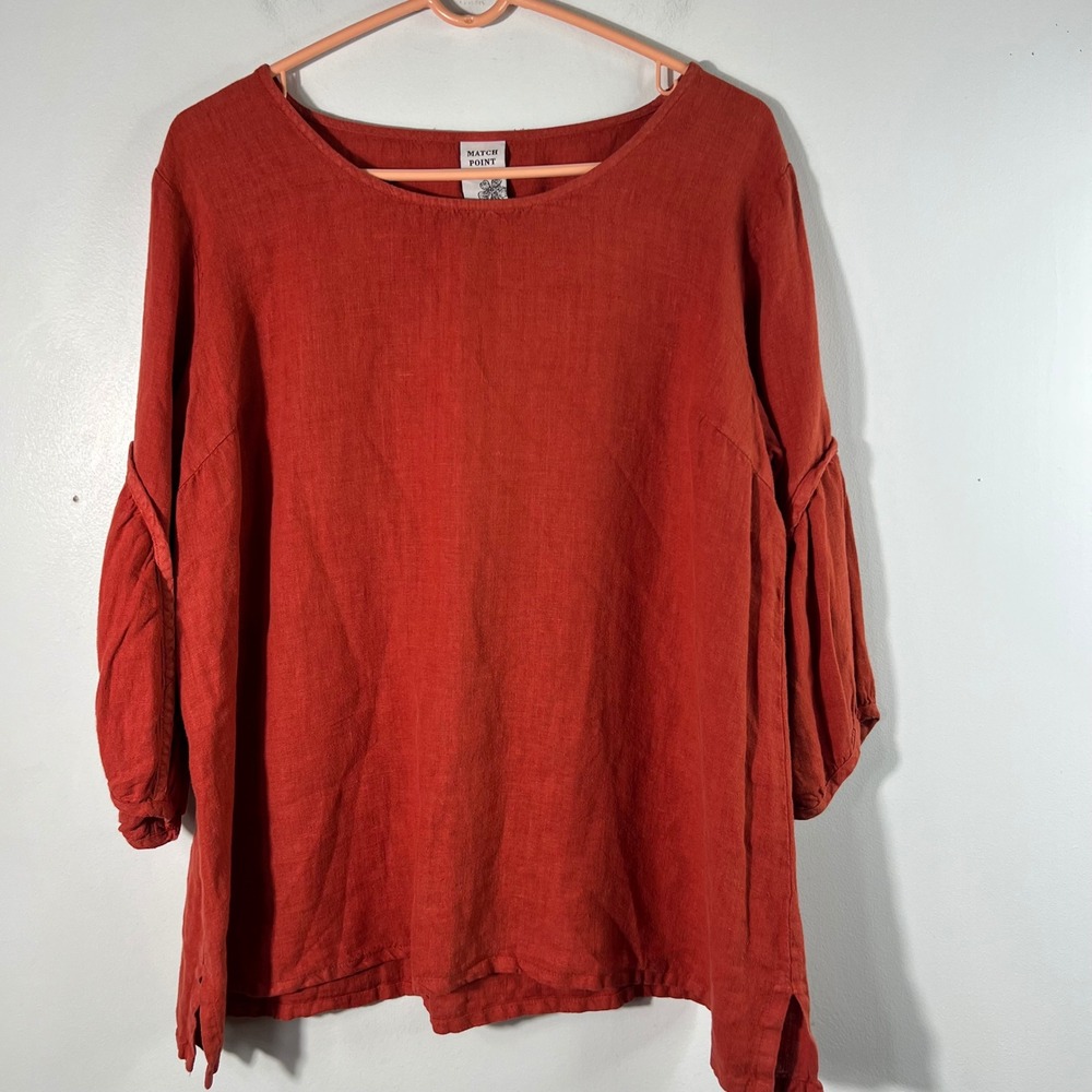 Match Point Linen Tunic Top Burnt Orange Rust 3/4 Balloon Sleeve Lagenlook S
